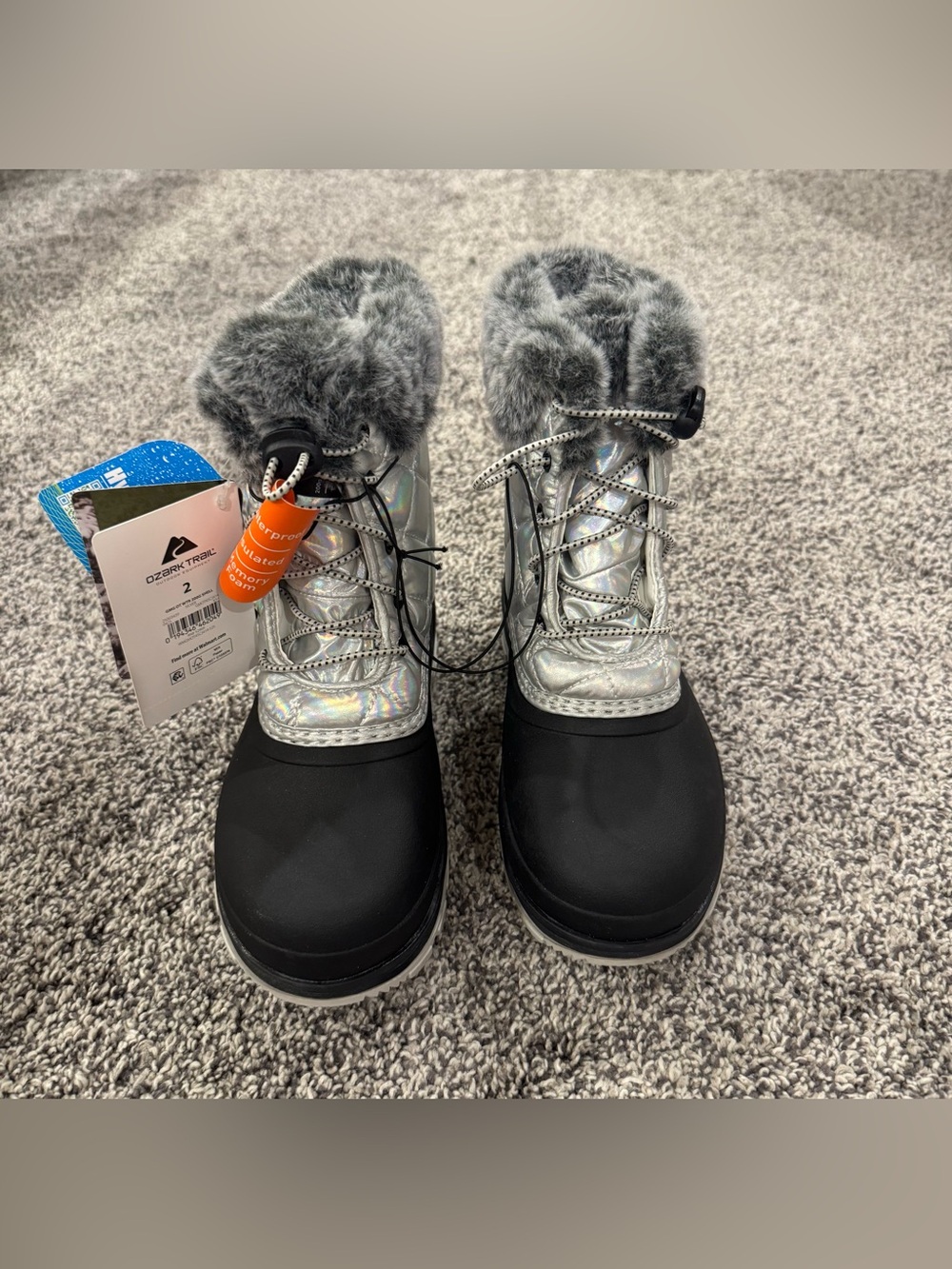 Ozark Trail Kids Holographic Silver and Black Faux-Fur Snow Boots